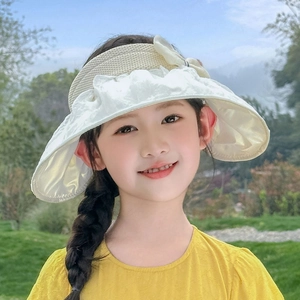 Detail of girls' sun hat with beige woven band and wide pleated lace brim for summer UV protection