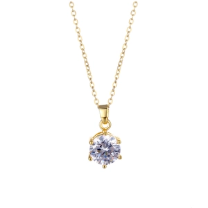 Classic 18K gold plated stainless steel necklace featuring a 6-prong round zircon pendant