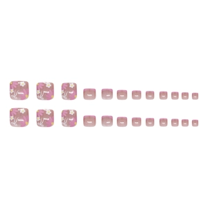 French style daisy and bow pink press-on toe nails set with 24 pieces of glossy finish