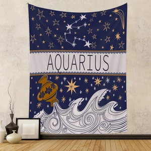 Detailed view of Aquarius constellation tapestry with gold stars on deep blue fabric