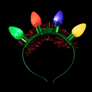 Detail of glowing colorful Christmas light bulbs on a festive green tinsel headband