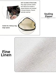 Détails de la trousse à fleurs en lin montrant le zip, la doublure et le tissu de qualité