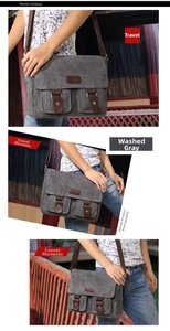 Detailed view of washed grey canvas messenger bag with multi-pocket and leather buckles