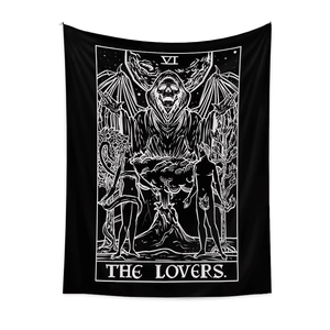 Bohemian black and white The Lovers tarot tapestry with gothic skull and nature motifs