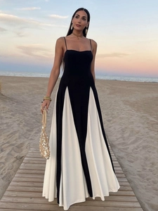 Elegant black and white contrast maxi slip dress for summer beach vacation wear