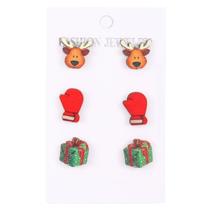 Detailed set of Christmas stud earrings featuring reindeer, red glove, and green gift box
