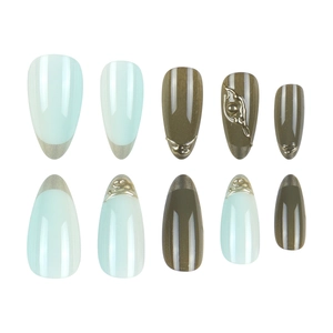 Almond shaped press-on nails with mint green, mocha brown and 3D gold relief detail