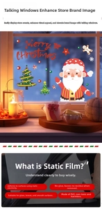 Close-up of static Santa and Merry Christmas window stickers on smooth glass surface