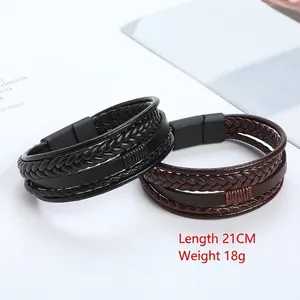 Handmade multilayer braided leather bracelets with magnetic clasp in black and brown, 21cm length