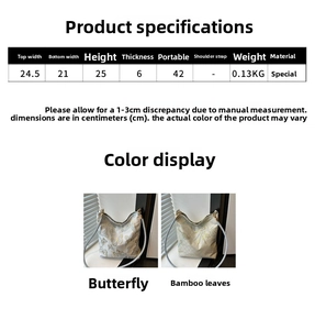 Detailed size specifications for bucket bag featuring bamboo and butterfly embroidery