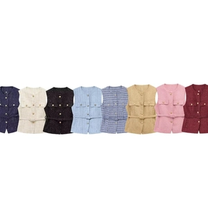 Women's tweed textured vest set with waist belt available in eight elegant colors