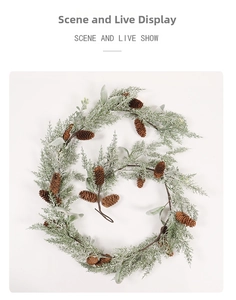 Detail of Christmas garland with frosted pine needles and natural brown pine cones