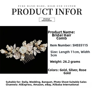 Detail showing dimensions of gold bridal hair comb with ceramic flowers and pearls