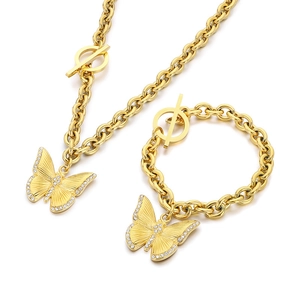 Goldenes Set aus Titanstahl mit Schmetterlings-Halskette und Armband sowie Strasssteinen