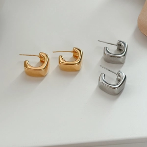 Minimalist Square Hoop Earrings High Polish Metal Geometric C Shaped Earring Post For Women Simple Modern Style