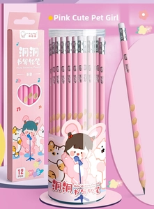 Detail of pink cartoon HB pencils with ergonomic grip holes and integrated erasers