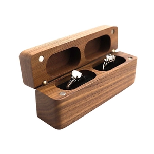 Dual slot black walnut wood ring box with magnetic closure and black velvet lining