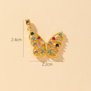 Detailed size view of a gold butterfly pendant with colorful zircon stones, 2.4cm by 2.2cm