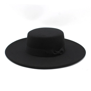 Vintage black flat top wool felt boater hat with elegant ribbon bow for men and women