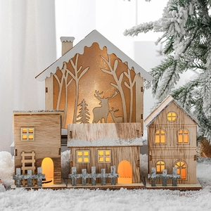 Set of 4 wooden Christmas house ornaments with LED lights and winter snow scenery