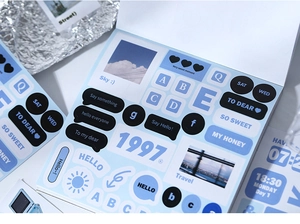 Detail of blue aesthetic deco stickers featuring English phrases and landscape patterns