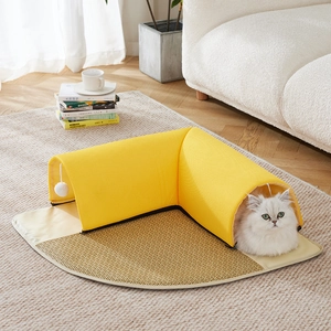 L-shaped bright yellow cat tunnel bed with sisal scratching mat and hanging toy ball
