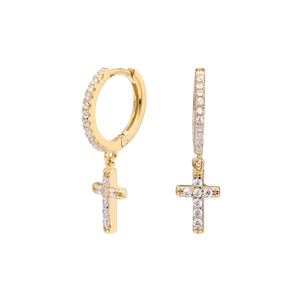 Classic S925 sterling silver cross hoop earrings with cubic zirconia in gold finish