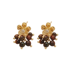 Orecchini a fiore con occhio di tigre, zirconi e nappe in argento con finitura vintage