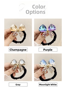 Detail of crystal bow hair ties in champagne, purple, grey and moon white colors
