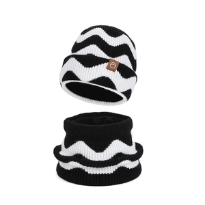 Winter knitted beanie and neck warmer set with black and white wavy stripes and fleece lining