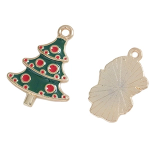 Golden Christmas tree charms with green enamel and red dots for DIY jewelry making