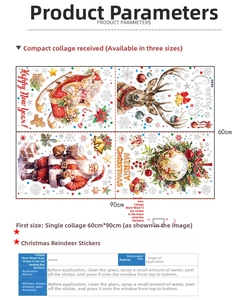 Vue détaillée des autocollants de Noël argentés pour fenêtres avec Père Noël et renne
