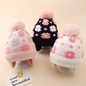 Kids Girls Winter Ear Protection Knitted Hat Fleece Lined Warm Windproof Beanie With Pom Pom And Flower Pattern