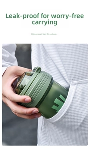 Macro shot of dark green leak-proof fitness shaker cup with silicone sealing ring