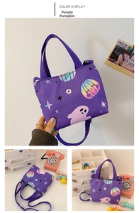 Detailed view of purple Halloween tote bag with pumpkin and ghost prints for kids