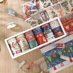 Vintage Christmas washi tape set featuring Santa Claus, reindeer and festive snowflake patterns