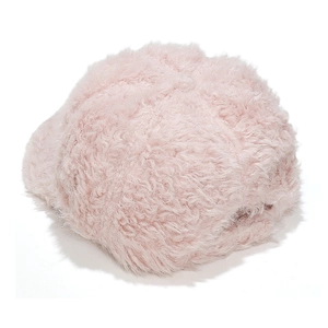 Close-up of soft pink faux fur baseball cap showing fluffy texture and warm plush material