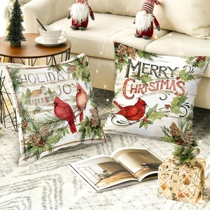Fundas De Almohada De Navidad Cardenal Rojo Poliéster Imitación Lino Fundas De Cojín Estampado Decoración Hogar Salón