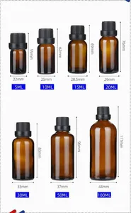 Size chart showing height and diameter for 5ml to 100ml essential oil glass bottles