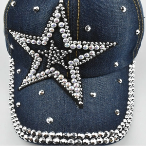 Navy denim baseball cap with rhinestone star and pearl embellishments for women