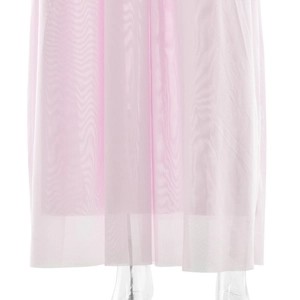 Detail of light pink pleated mesh skirt hem with flowing tulle texture for long dress