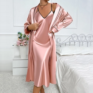 Women's ice silk sleepwear set with long pink satin robe and elegant V-neck nightgown