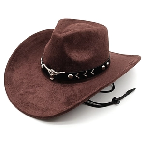Cappello da cowboy in pelle scamosciata marrone con fascia in pelle e testa di toro