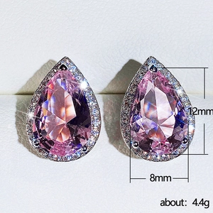 Pear-cut pink zircon stud earrings with halo diamonds and white gold plating