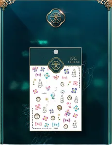 Detail of 5D ultra-thin nail stickers with hand-drawn rabbit and floral motifs