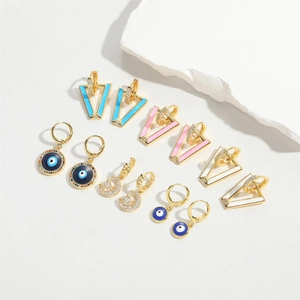Evil eye hoop earrings and colorful enamel jewelry set in gold plated stainless steel