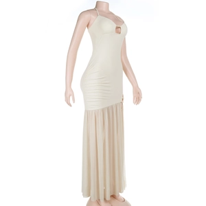 Detail of cream halter dress featuring a pleated mesh fishtail hem on a fashion mannequin