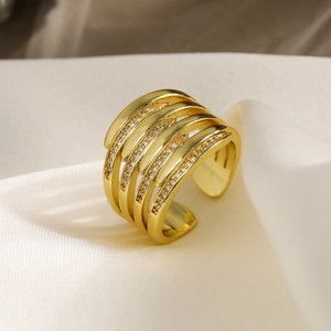 Gold plated multi-layer overlapping open ring with sparkling white zircon stones