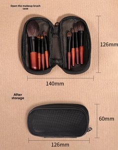 Detail of 8-piece mini portable makeup brush set with mesh bag showing storage dimensions