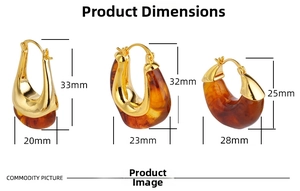 Three styles of vintage amber resin earrings with detailed size measurements and golden metal